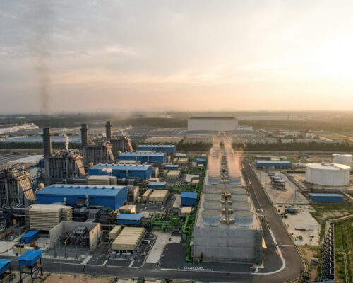 defaultAerial View of new Power Plant  Cogeneration type supply electricity and stream to Industrial Estate, Industrial and Technology Concept